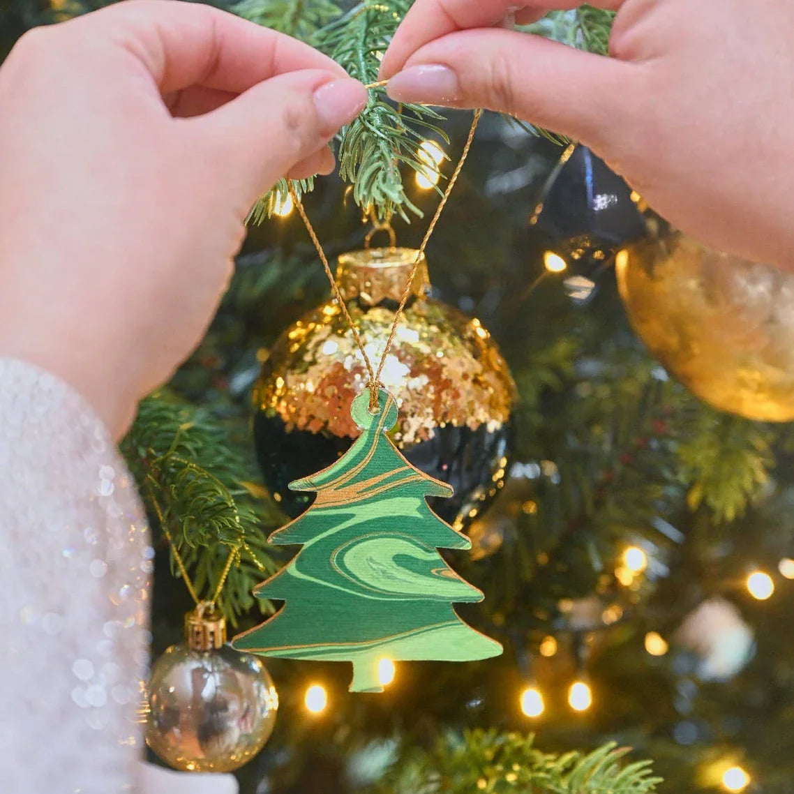 Emerald Hand Marbled Tree Shape Christmas Decoration Christmas Card