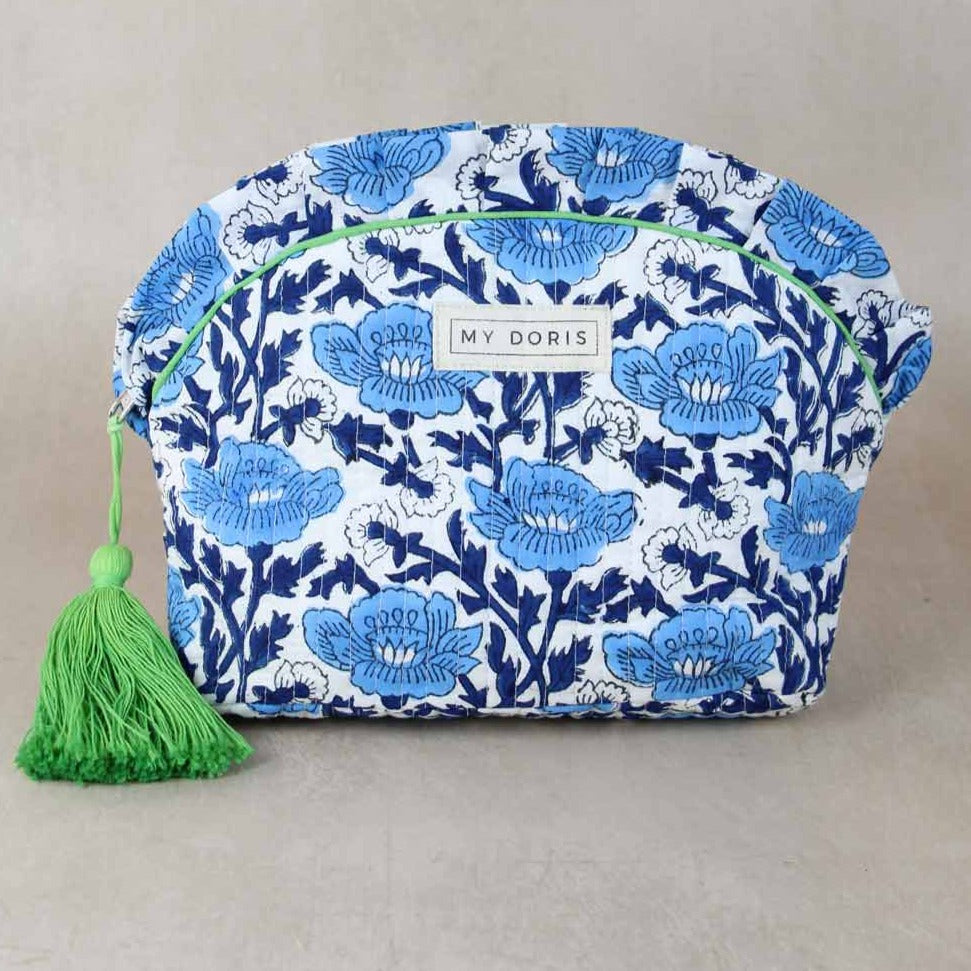 Mini Blue Frill Block Print Make Up Bag