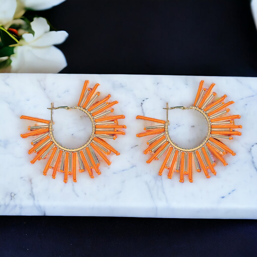 Bright Orange Spike Bead Hoop Earrings
