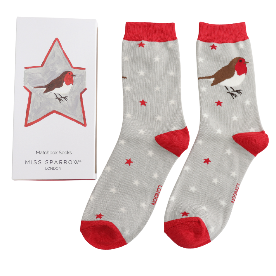 Women’s Matchbox Socks Festive Robins - MIss Sparrow