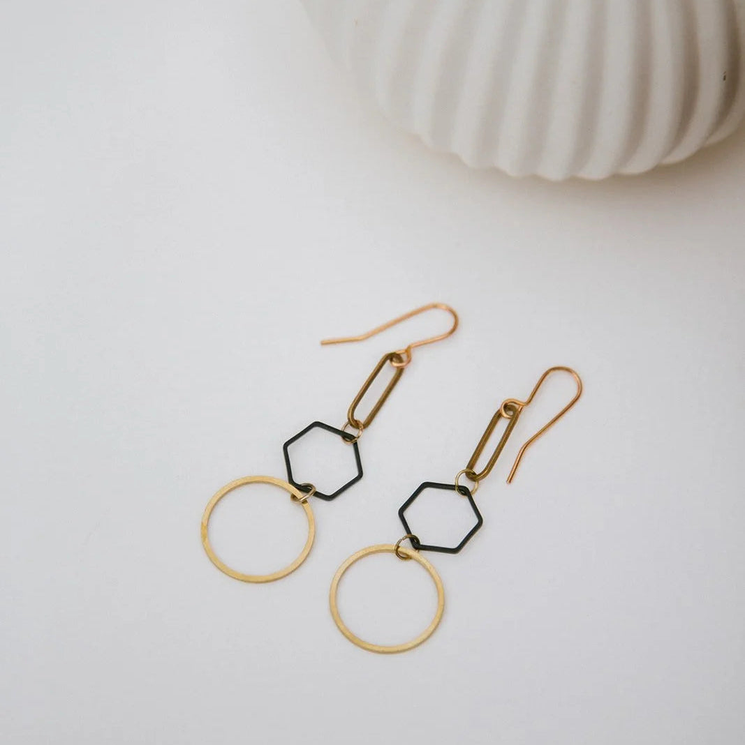 Black + Brass Triple Geo Earrings