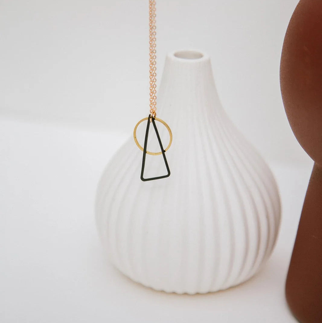 Black + Brass Triangle & Circle Pendant Necklace