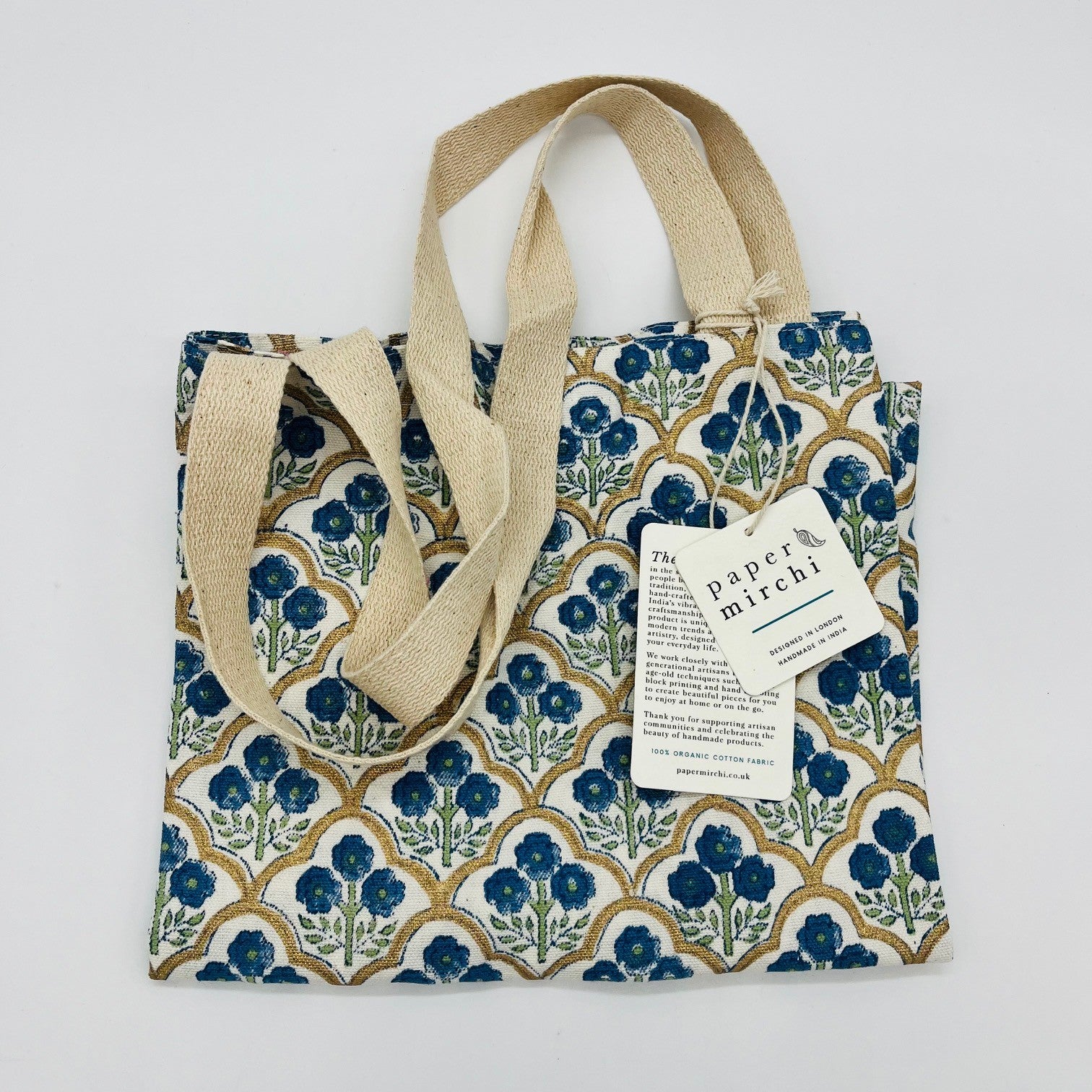 Paper Mirchi - Hand Printed Block Print Cotton Tote Bage - Trellis Indigo