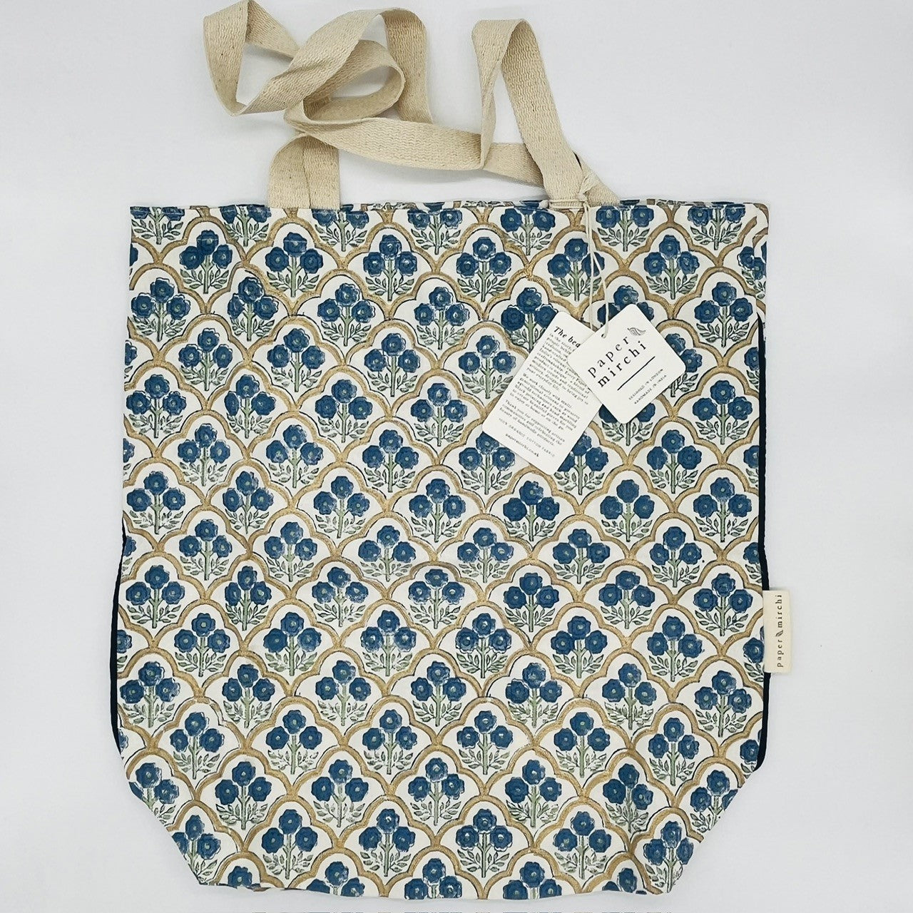 Paper Mirchi - Hand Printed Block Print Cotton Tote Bage - Trellis Indigo