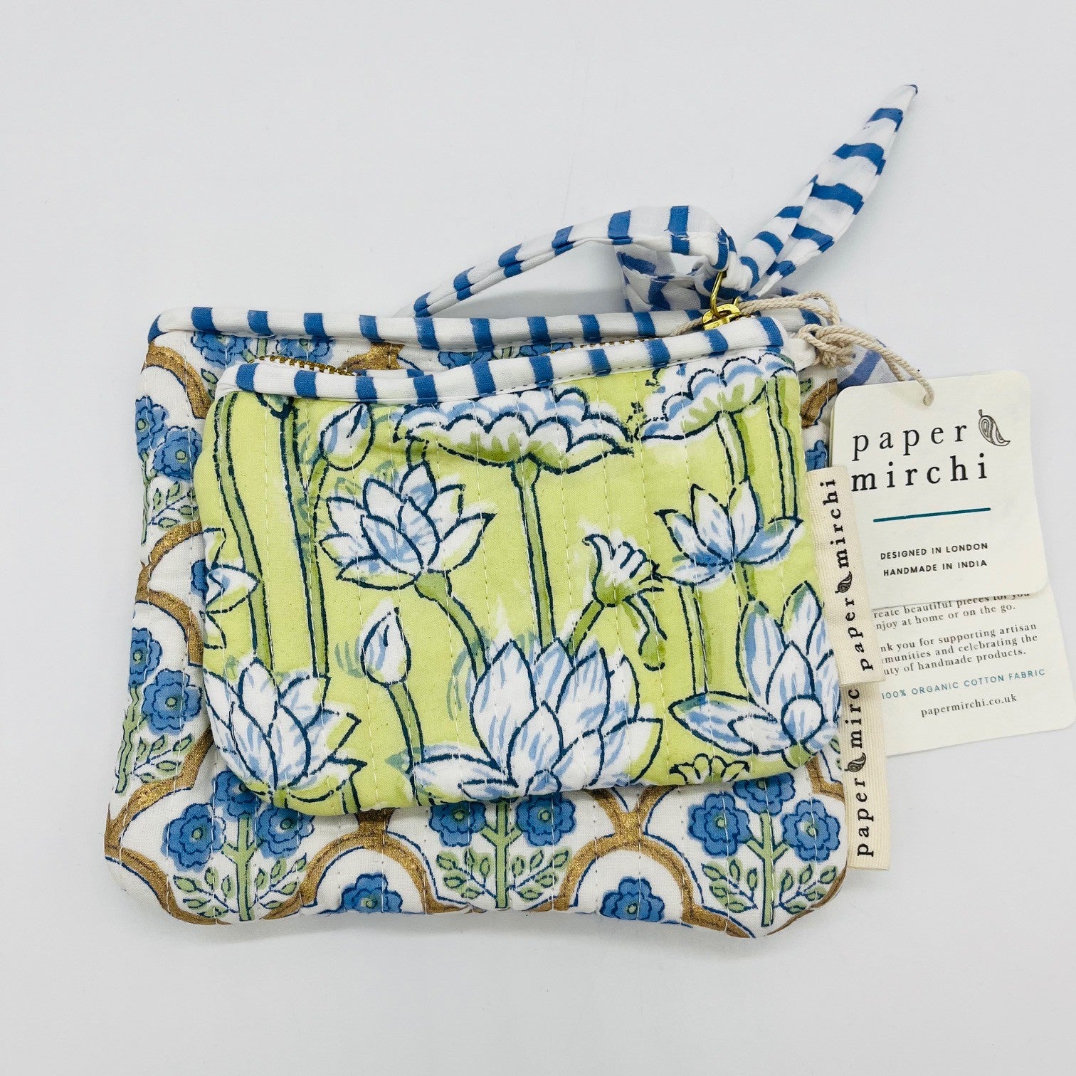 Organic Cotton Zipped Pouch 2PK - Floral Indigo