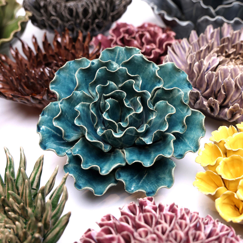 Ceramic Flower Lettuce Teal Large