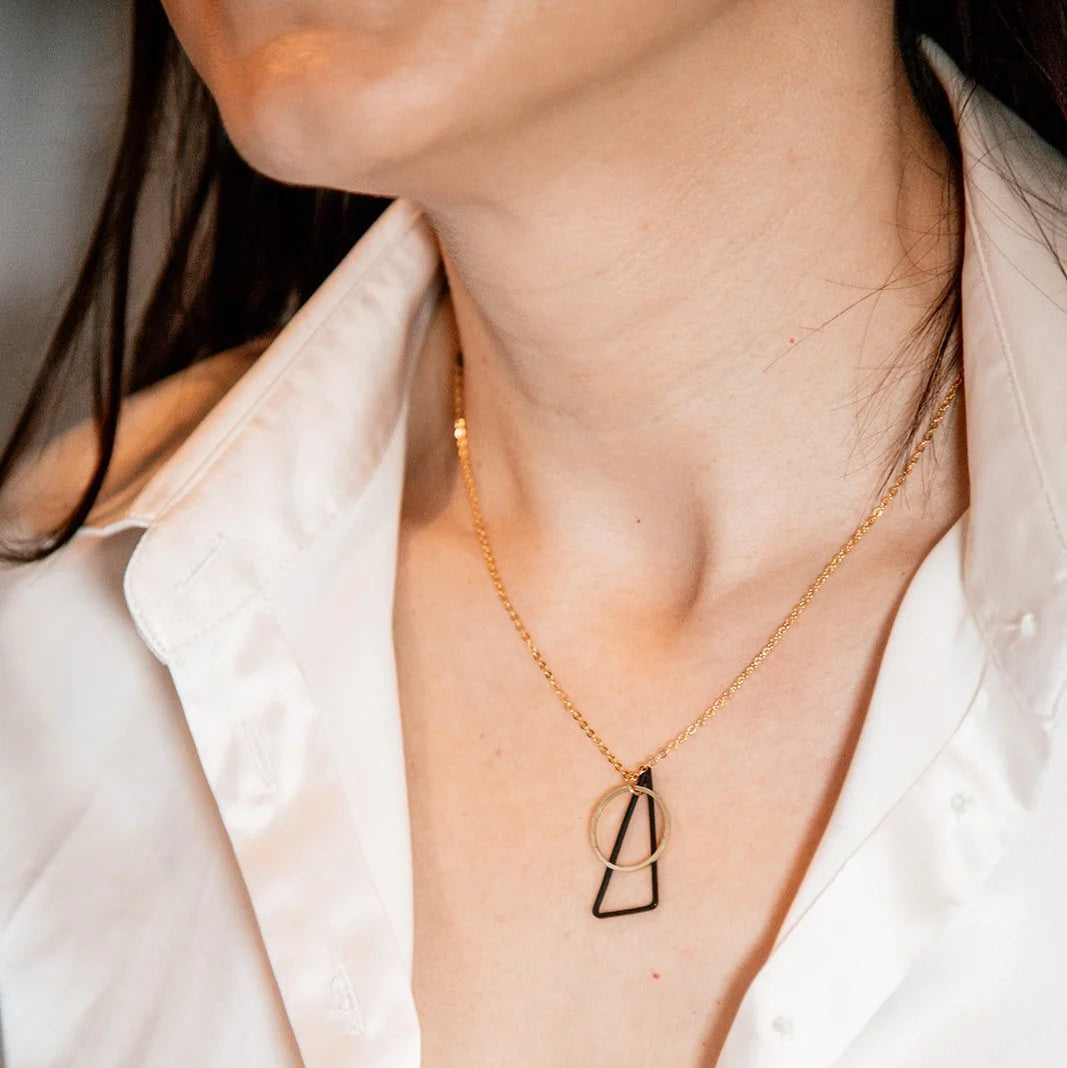 Black + Brass Triangle & Circle Pendant Necklace