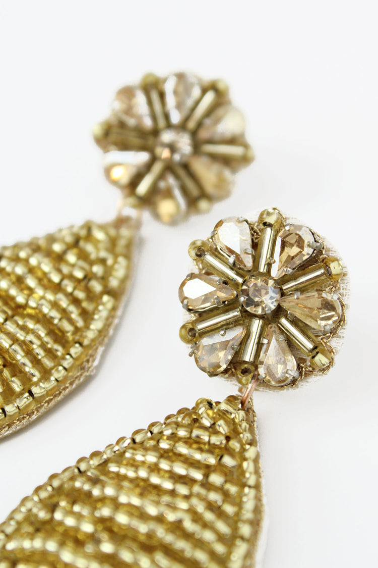 Floral Top Gem Gold Teardrop Beaded Earrings