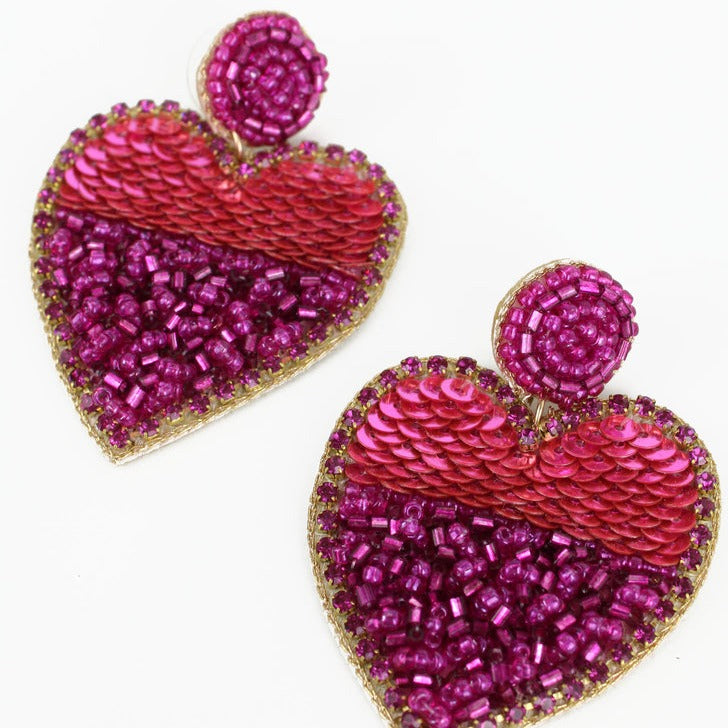 Heart Beaded Half & Half Earrings - Pink