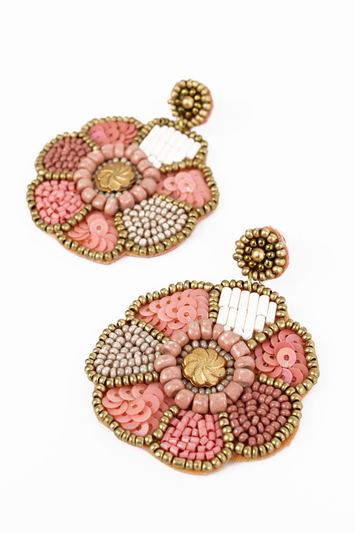 Soft Pink & Gold Flower Beaded Earring