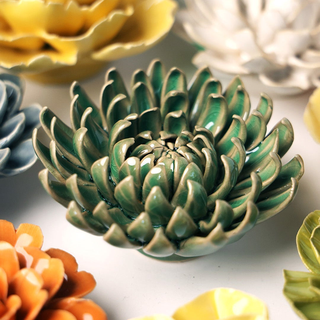 Ceramic Flower Wall Art Jungle Green Pompom Mum