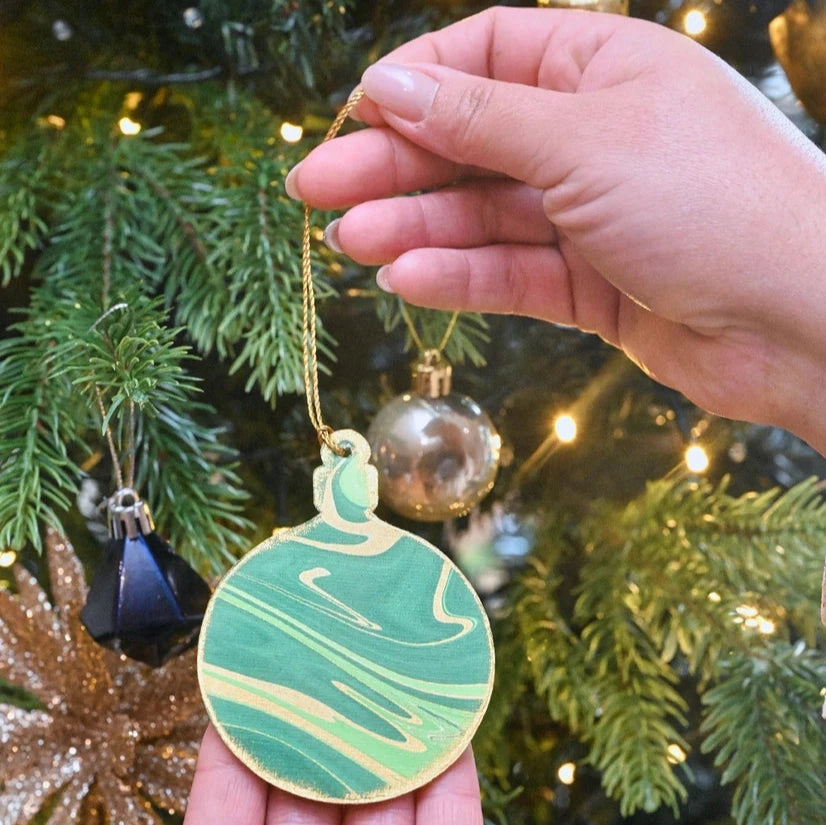 Emerald Bauble Hand Marbled Christmas Decoration Greeting Card