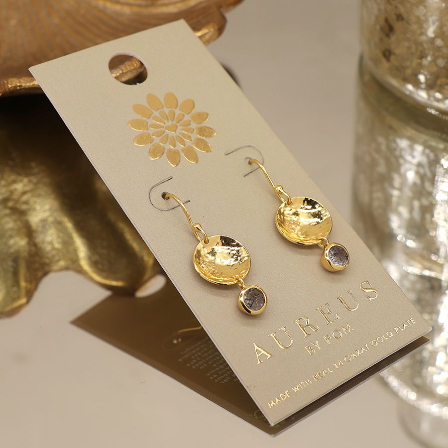 Gold Plated Beaten Disc Earring with Rutile Quartz