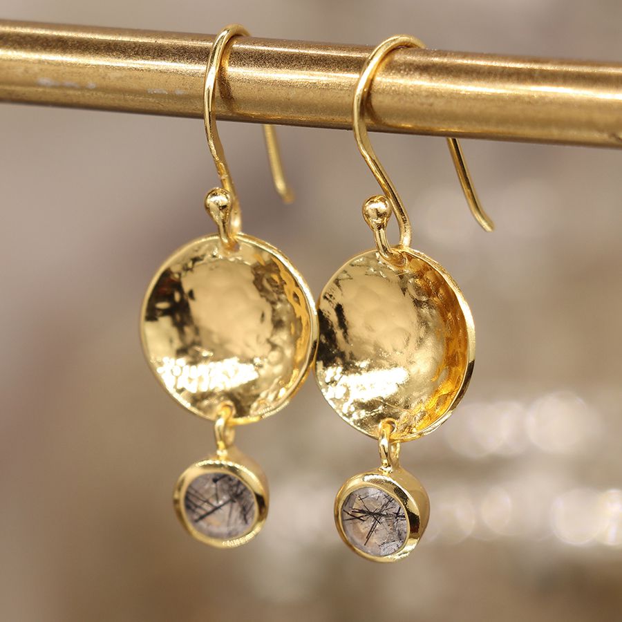 Gold Plated Beaten Disc Earring with Rutile Quartz