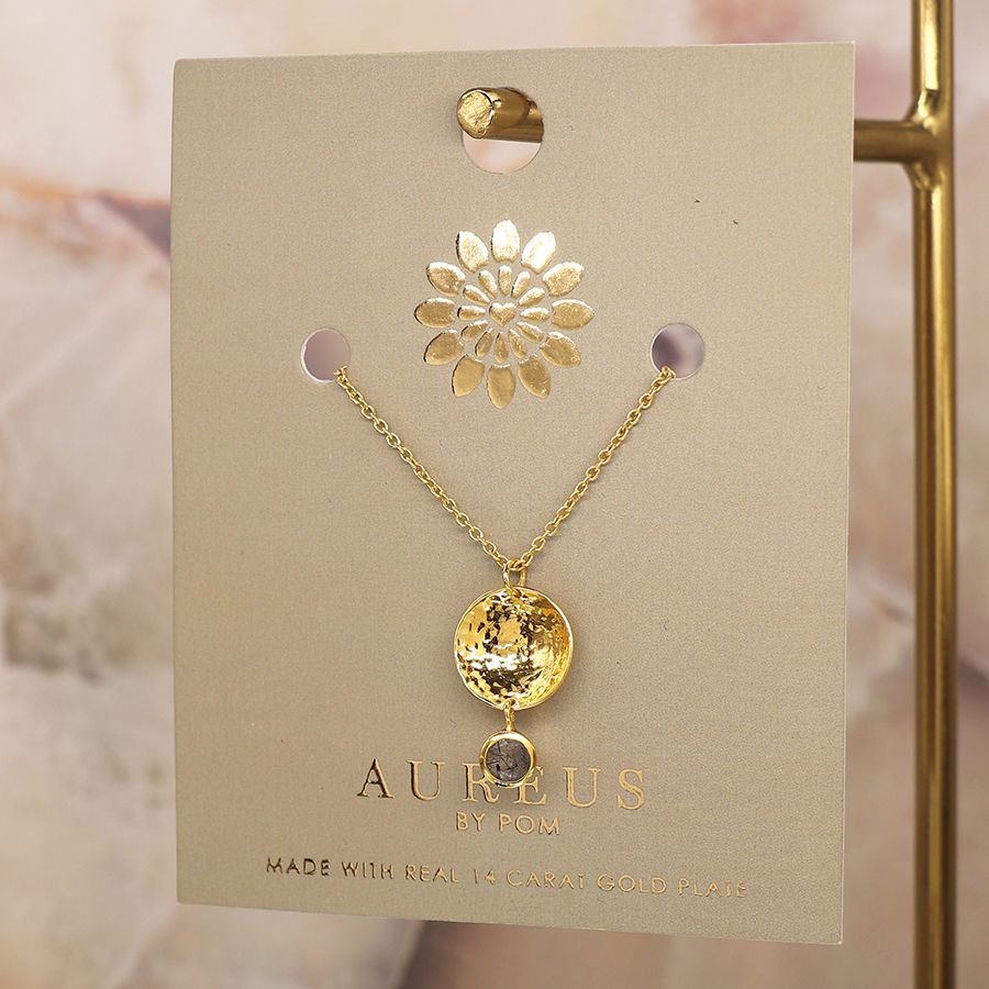 Gold Plated Beaten Disc Necklace with Rutile Quartz