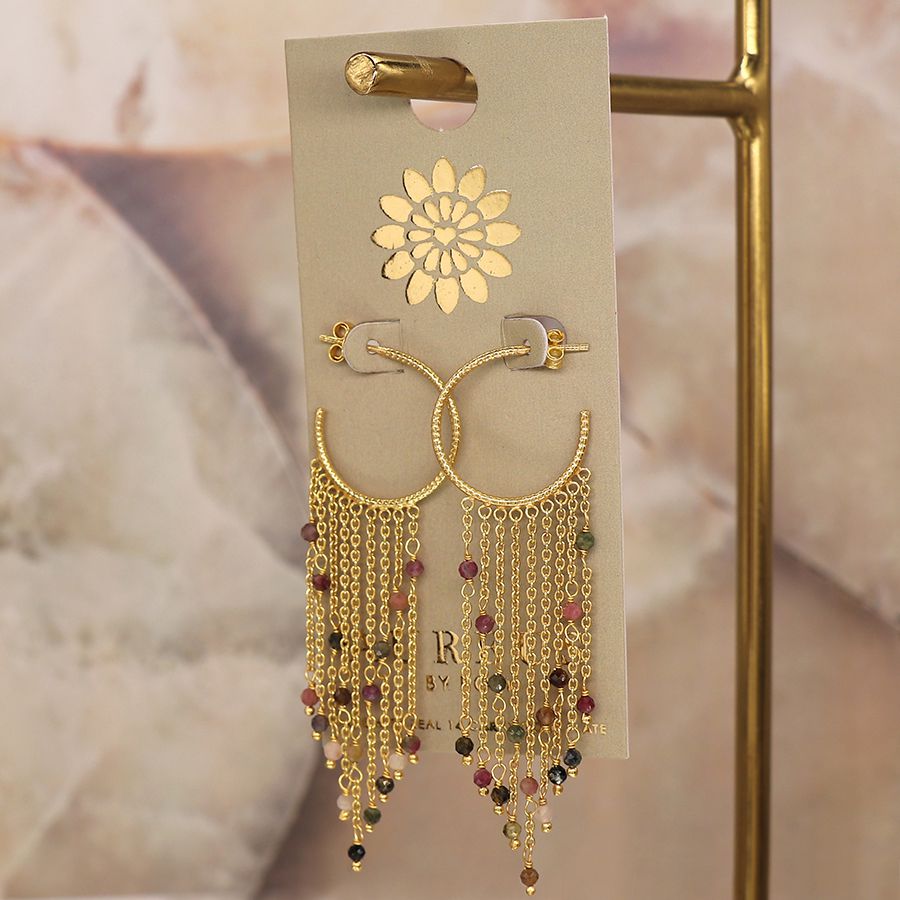 Gold Plated Hoop, Multichain & Tourmaline Earrings