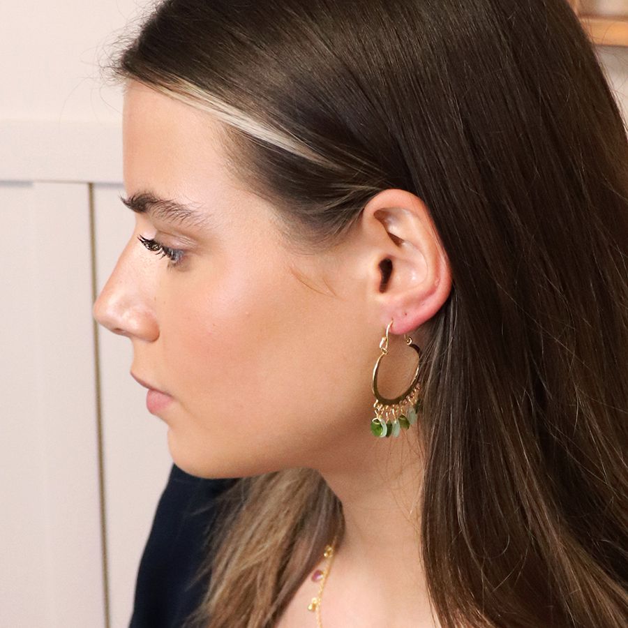 Gold Plated Hoop Earrings with Chalcedony & Peridot Drops
