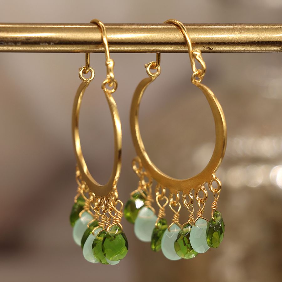 Gold Plated Hoop Earrings with Chalcedony & Peridot Drops
