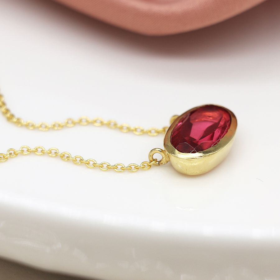 POM - Gold Plated Simple Ellipse Necklace With Pink Glass