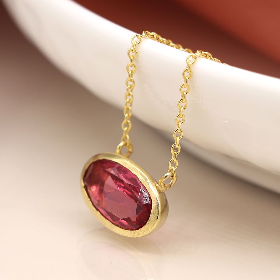 POM - Gold Plated Simple Ellipse Necklace With Pink Glass