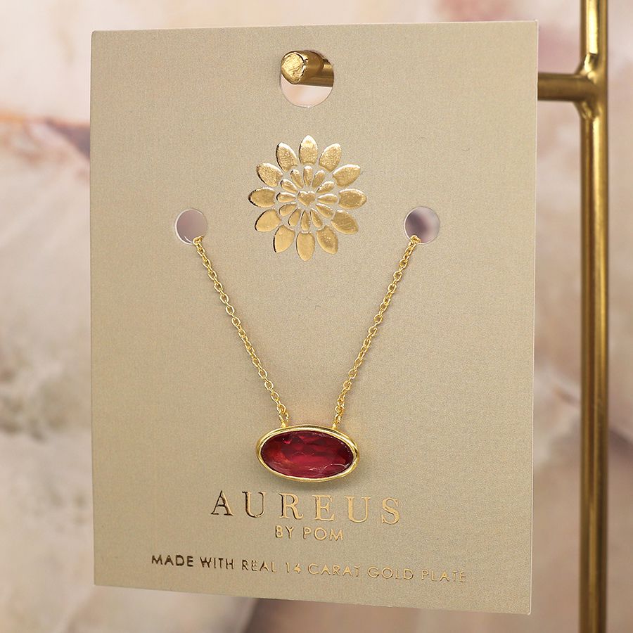 POM - Gold Plated Simple Ellipse Necklace With Pink Glass