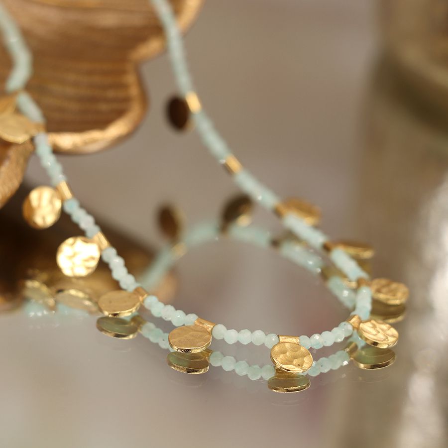 Gold plated discs and amazonite bead necklace G00028