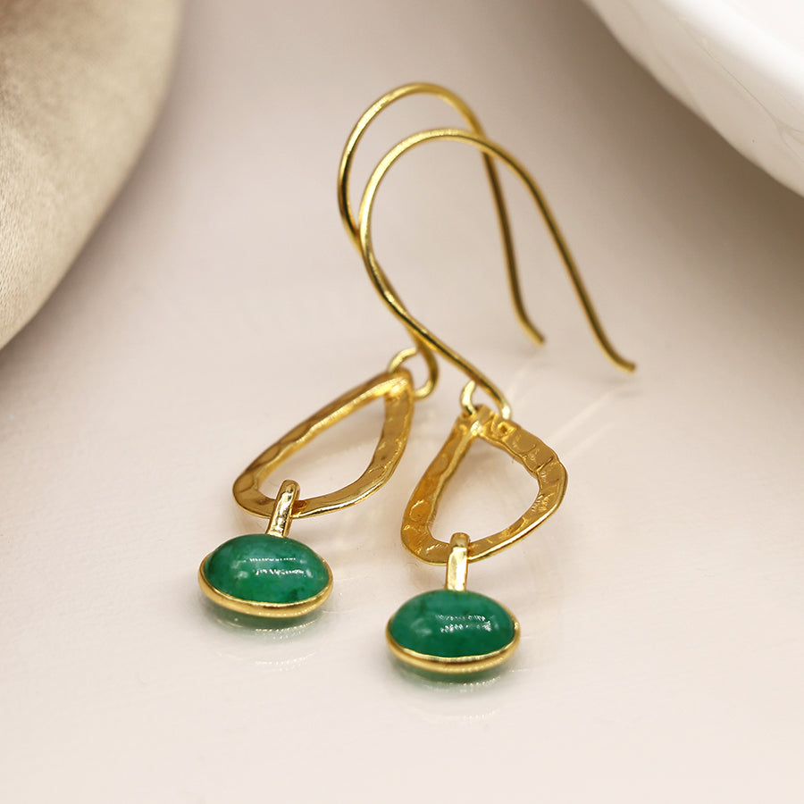 POM - Gold Plated Tear Drop Earring With Green Pendant