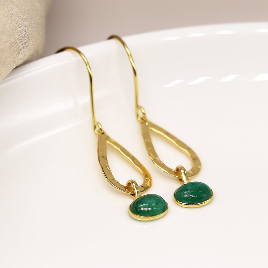 POM - Gold Plated Tear Drop Earring With Green Pendant