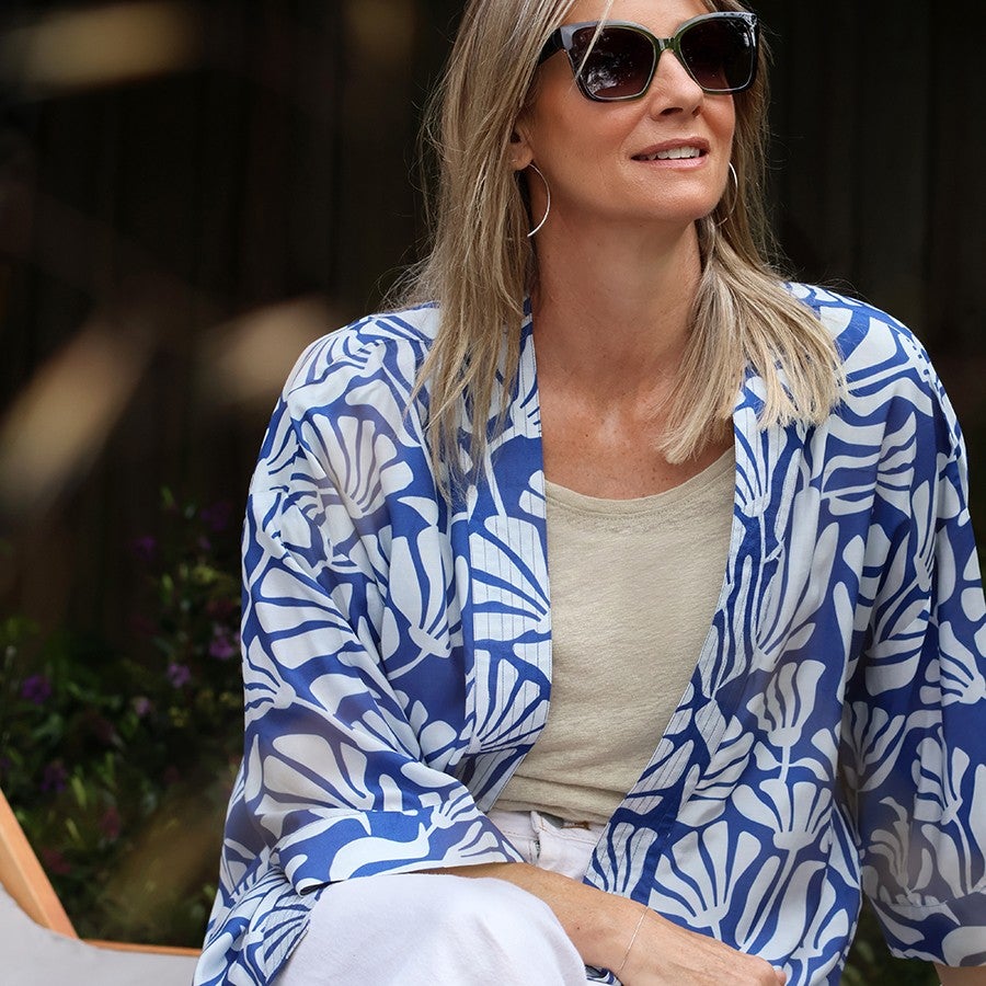 POM -  Blue & White Silhouette Print Kimono