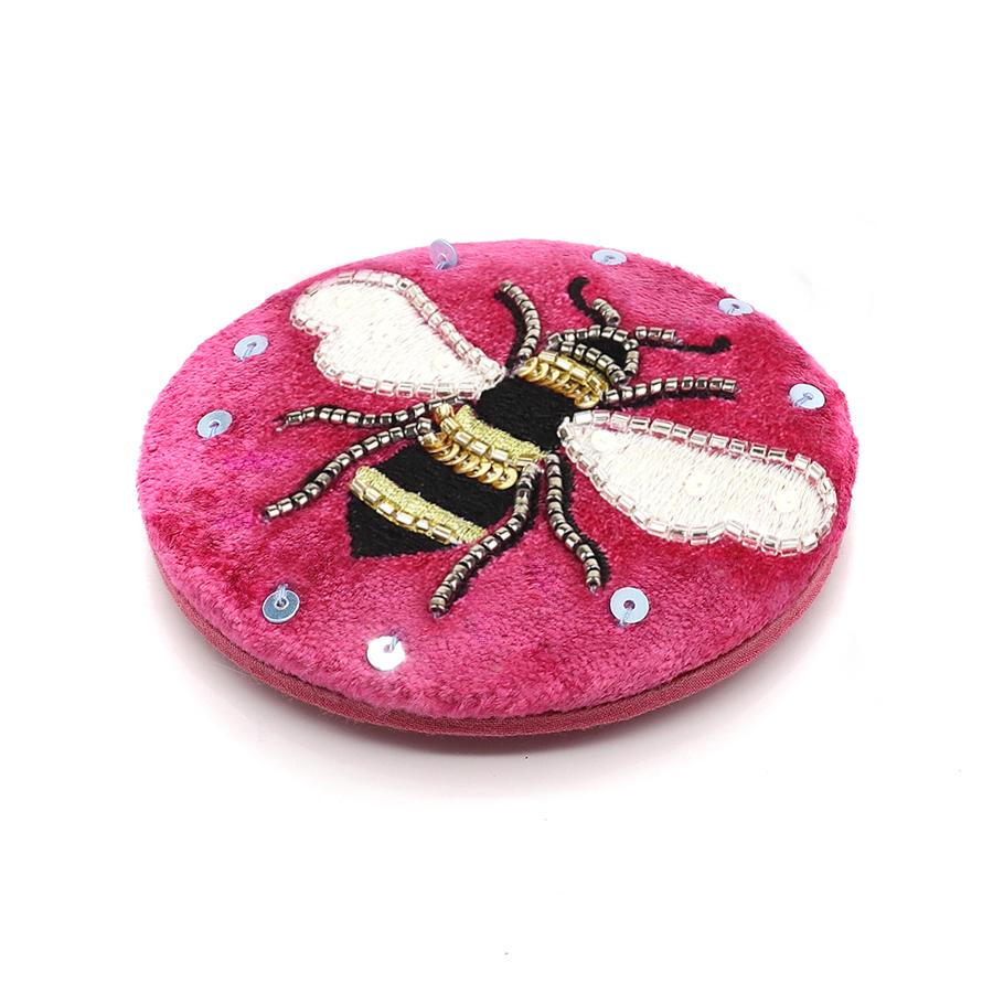 POM - Rich Pink Velvet Embellished Bee Compact Mirror