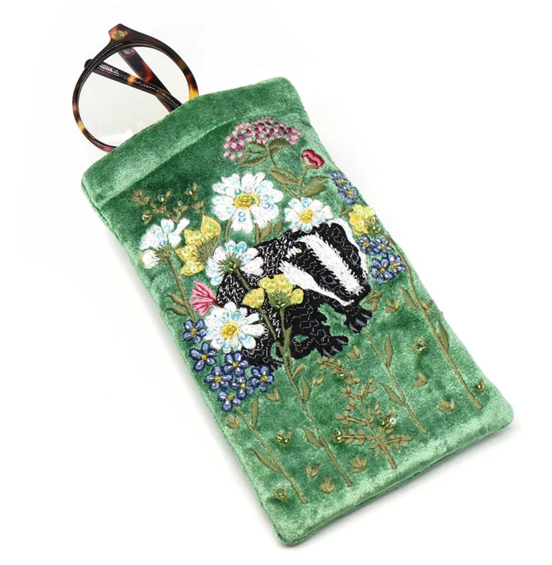 POM - Green Velvet Badger & Floral Embroidered Glasses Case Pouch