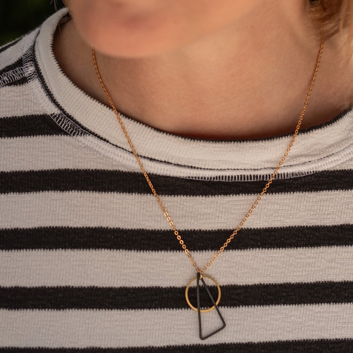 Black + Brass Triangle & Circle Pendant Necklace
