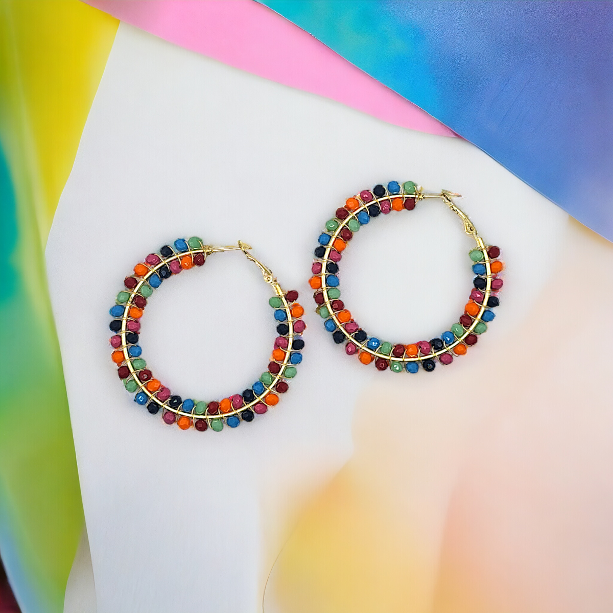 Rainbow Mix Glass Beaded Hoop Earrings