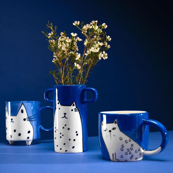 Hand Painted Blue Mug With Cat Illustration