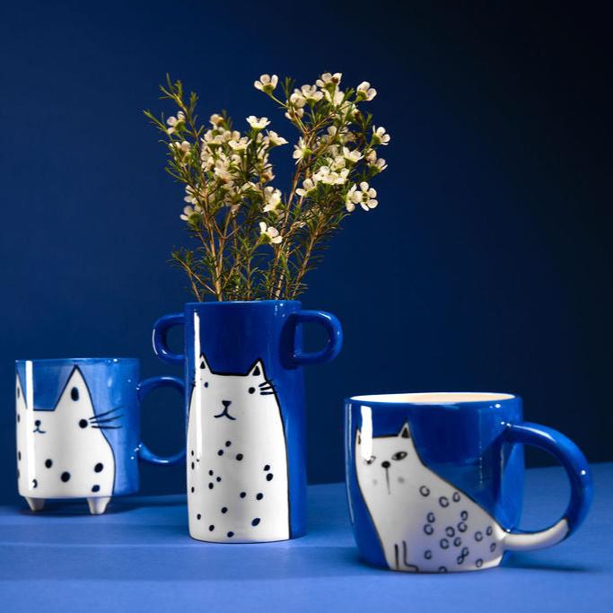 Handmade Blue Vase With Cat Illustration