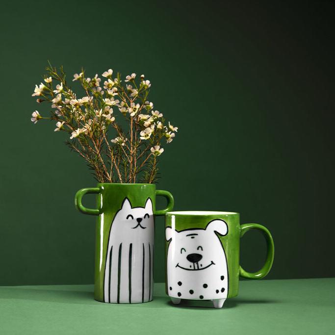 Hand Painted Green Mug With Dog Illustration