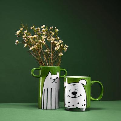 Handmade Green Vase With Cat Illustration