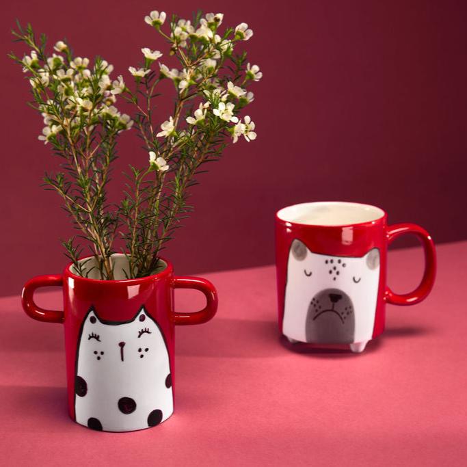 Hand Painted Red Mug With Dog Illustration