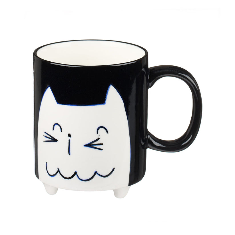 Black Mug with White Cat Illustration