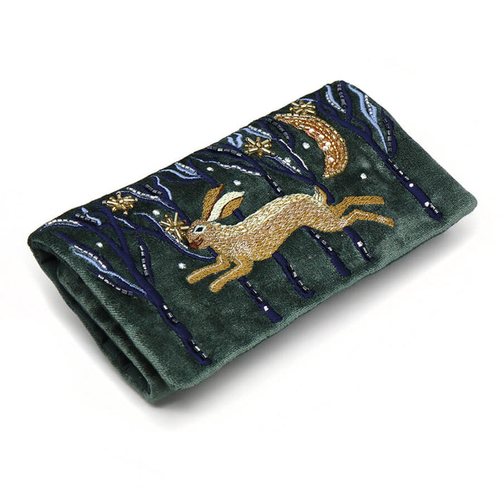 Midnight Green Velvet Jewellery Roll With Embroidered Leaping Hare