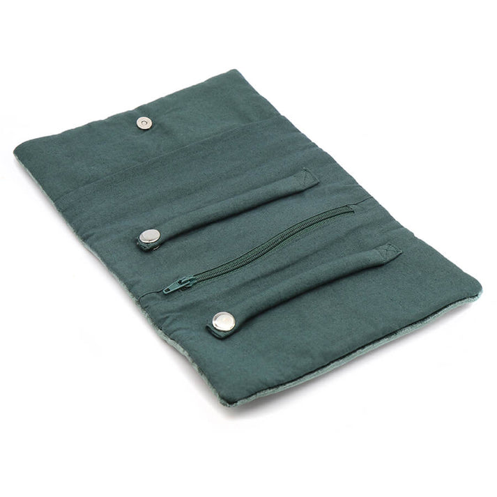 Midnight Green Velvet Jewellery Roll With Embroidered Leaping Hare