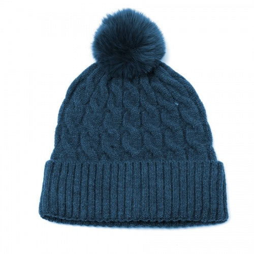 Teal Cable Knit & Faux Fur Bobble Hat