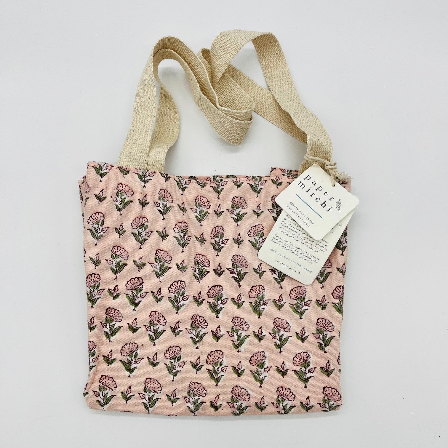 Paper Mirchi - Hand Printed Block Print Cotton Tote Bage - Ditsy  Floral Blush