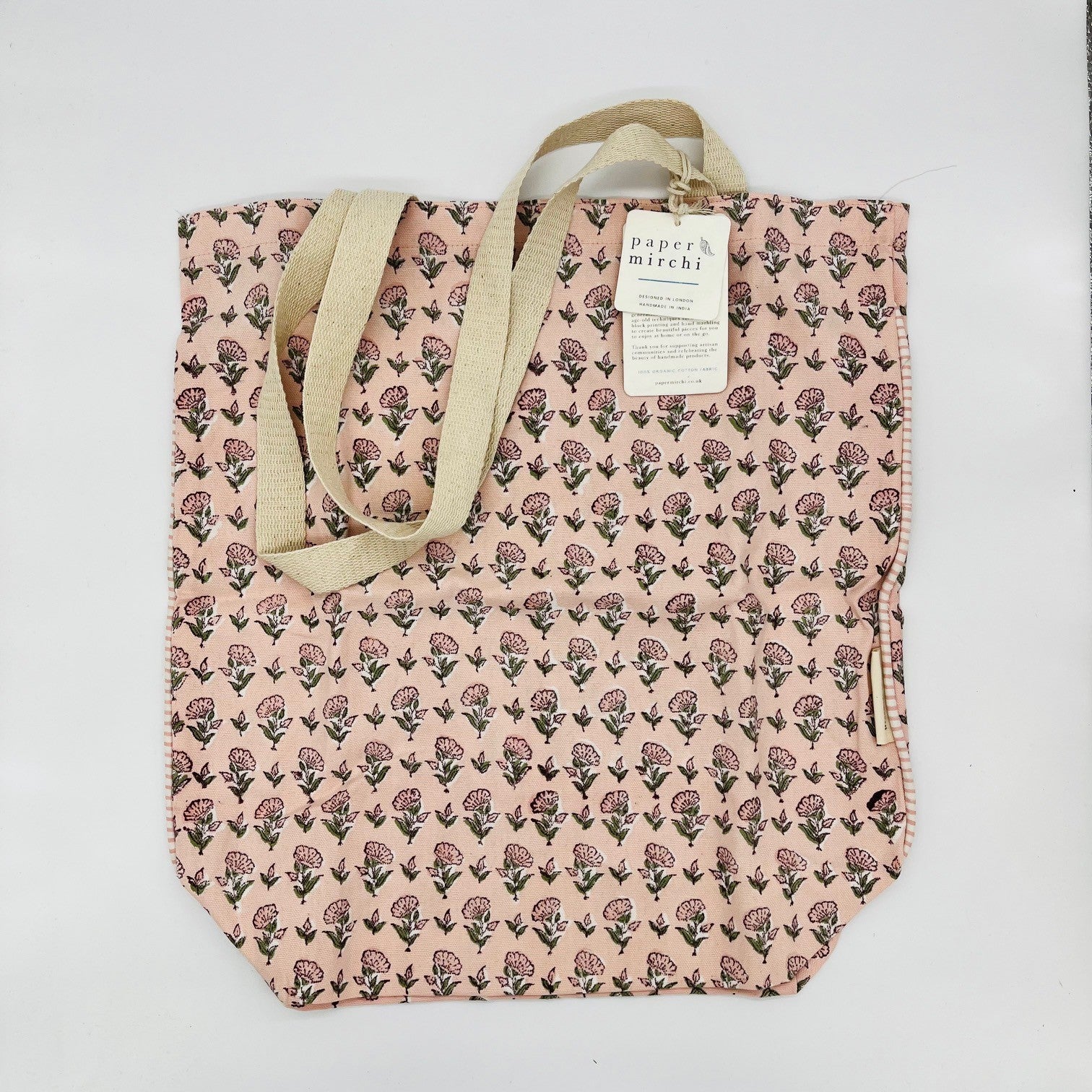 Paper Mirchi - Hand Printed Block Print Cotton Tote Bage - Ditsy  Floral Blush