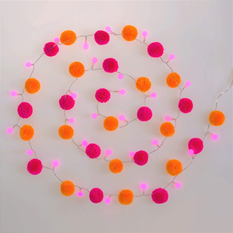 Pink & Orange ‘Festival’ Fairy Pom Pom Light Chain