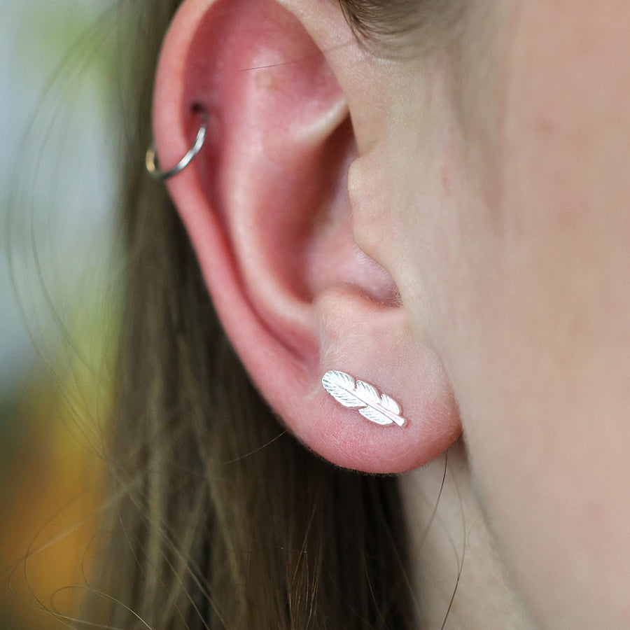 Tiny Sterling Silver Fine Feather Stud Earrings