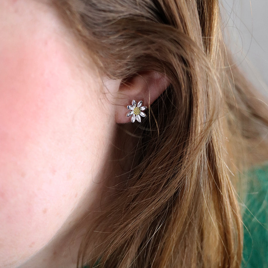 Sterling Silver Daisy Stud Earrings with Gold