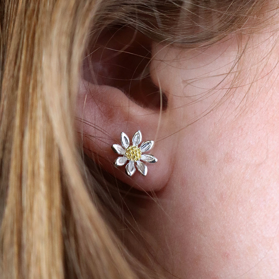 Sterling Silver Daisy Stud Earrings with Gold