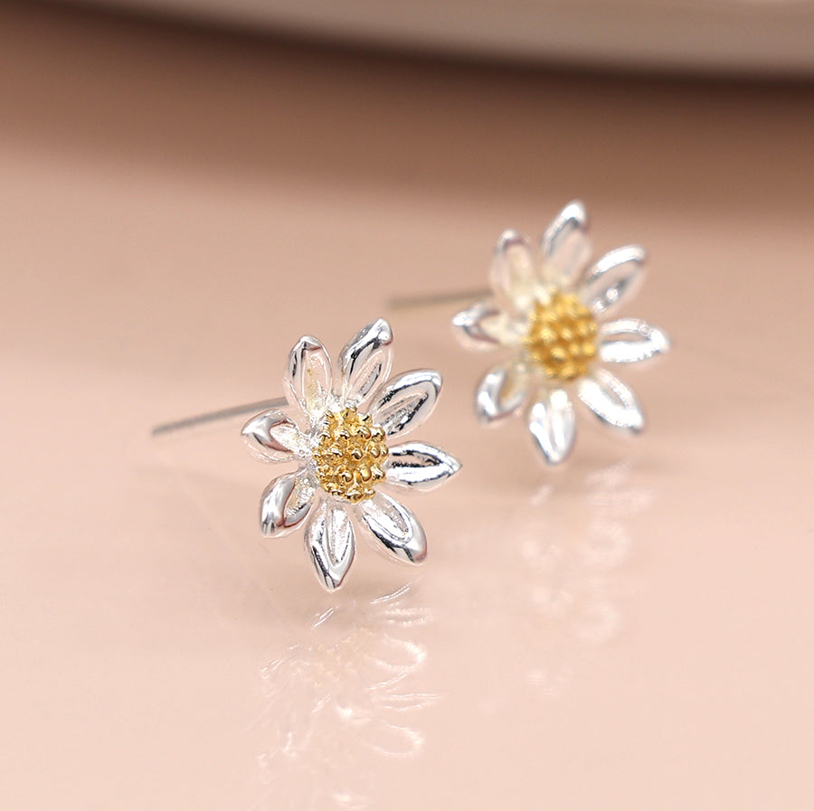 Sterling Silver Daisy Stud Earrings with Gold