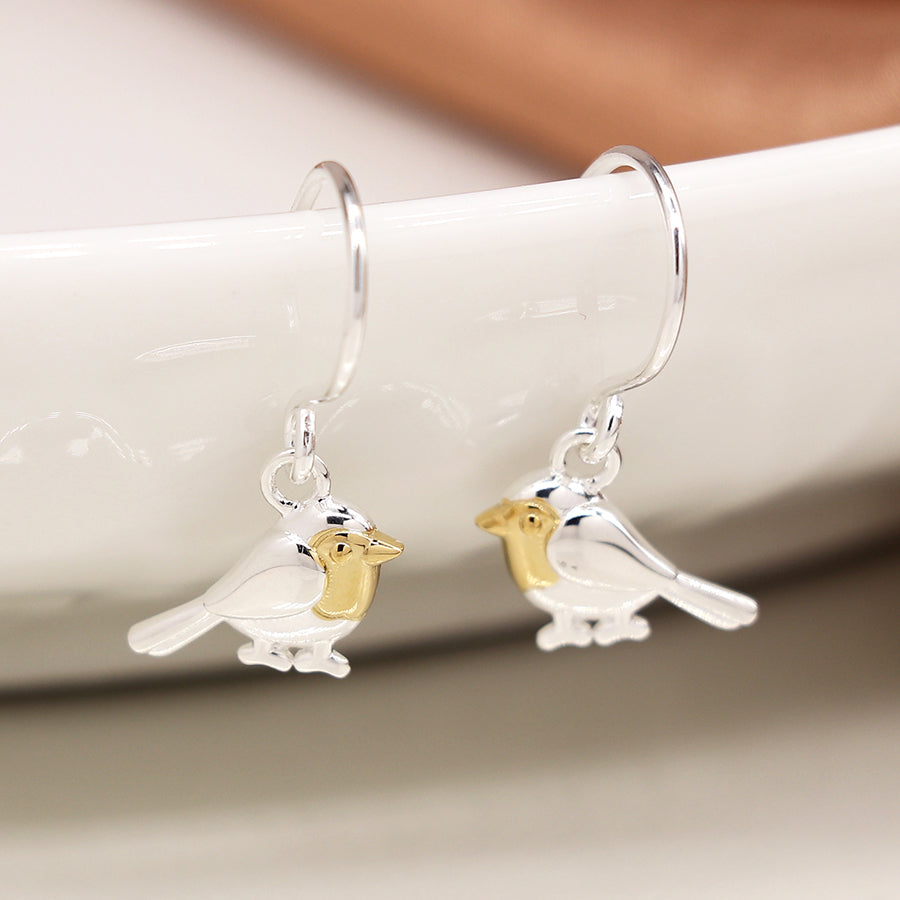 Sterling Silver & Gold Robin Drop Earrings